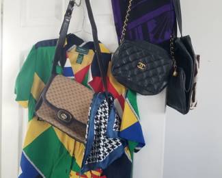 Vintage Ralph Lauren shirt; Gucci handbag; Coach scarf; Chanel bag; Adrienne Vittadini scarf. Also available: vintage Burberry envelope bag (navy)