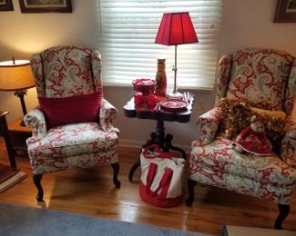 Upholstered wingback armchairs by Clayton Marcus - two available