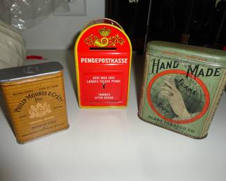 Red Danish Post Mailbox Piggy Bank/Hand Made Flake Tobacco was made till 1925/Vtg Phillip Morris Tin