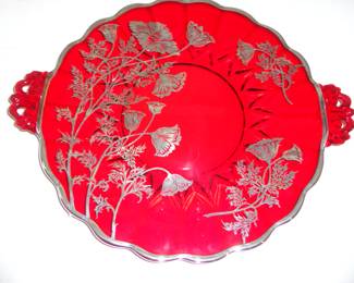 Flanders Ruby Red Glass Cake Plate w/ Silver Overlay