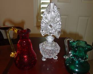 Floral Cut Glass Perfume Bottle (1920's)/Crackle Glass Orange Pitcher/Pilgrim Pitcher w/ Rigaree and Handblown