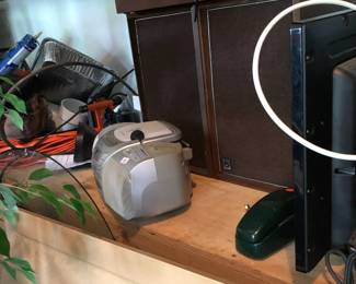 speakers, turntable, receiver, flat screen TV sets