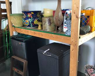 stainless refrigerator, outdoor receptacle, garden pots