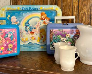 Neat vintage 80’s lunch boxes, Metal Care Bear tray & vintage Kool-Aid pitcher & cups
