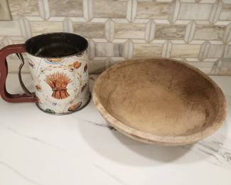 ANTIQUE WOOD DOUGH BOWL AND FLOUR SIFTER