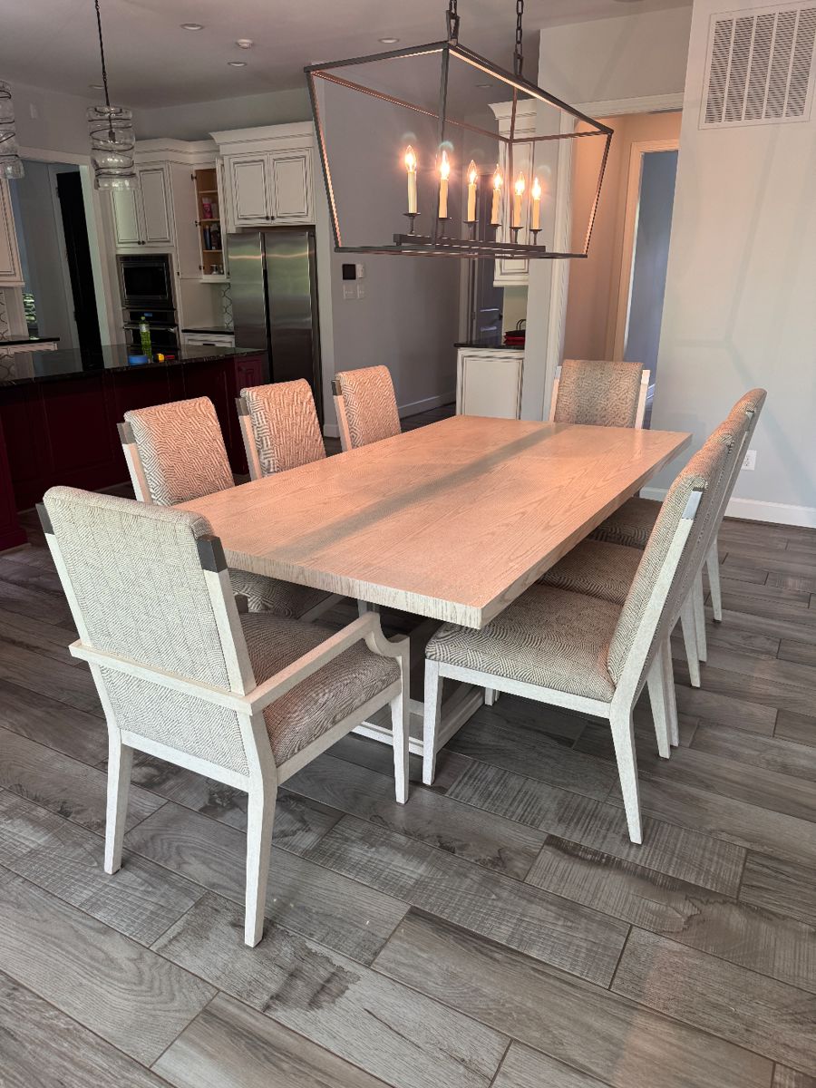 Marge Carson Blonde Rectangular Dining Table (87"L x 46"W x 30"H) & Marge Carson Upholstered Dining Chairs (2 Armchairs & 6 Side Chairs)