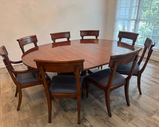 Furniture Land Oval Pedestal Mahogany Inlayed Dining Table (64"L x 22"W x 29-1/2"H with 2 Leaves 22"W Each) & Furniture Land Dining Chairs (8 Side Chairs & 2 Armchairs)