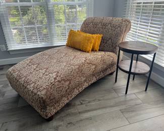 Ashley Furniture Upholstered Chaise Lounge (72"D x 36"W x 34" Back Height) & 2 Tier Reclaimed Wood Side Table (18"D x 25-1/2"H / Pair)