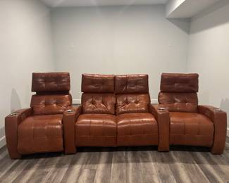 American Leather Inc. 3 Piece Tufted Brown Leather Electric Adjustable Theater Seating (Total Dim - 115"W x 44"D x 43" Back Height)