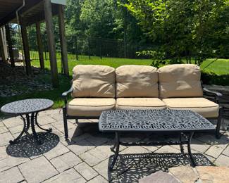 Hanamint Outdoor 3 Seat Sofa (30"D x 80"W x 34" Back Height) with Hanamint Round Side Table (24"D x 18"H / Pair) & Hanamint Rectangular Coffee Table