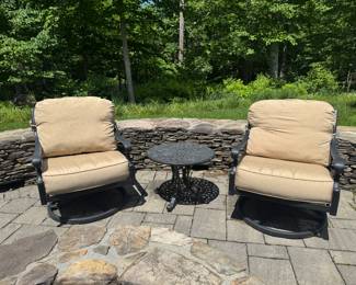 Hanamint Outdoor Upholstered Seat Swivel Armchair (28"W x 32"D x 33" Back Height / Pair) with Hanamint Round Side Table (24"D x 18"H / Pair)