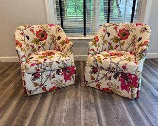 Wesley Hall Upholstered Floral Motif Swivel Armchairs (31"W x 36"D x 33" Back Height / Pair)