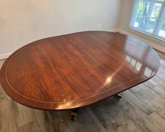 Furniture Land Oval Pedestal Mahogany Inlayed Dining Table (64"L x 22"W x 29-1/2"H with 2 Leaves 22"W Each)