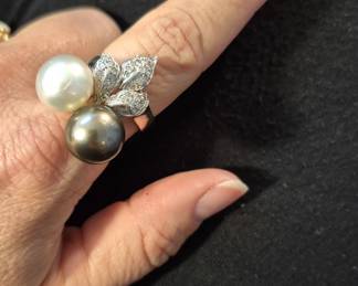 14k white gold pearl diamond ring and earrings