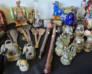 Antique Asian opium weights, scales, pipes and lamps