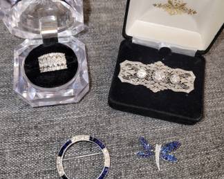 Diamond ring, Diamond and cz platinum antique brooch, sapphire diamond dragonfly brooch, 1.60 carat diamond and 3 plus carats sapphires round brooch