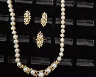 14k gold and diamond earrings and ring,
Gold pearl diam necklace