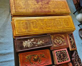 Antique Burmese scripture and prayers, temple carvings and ornaments