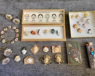 Asian Noh mask buttons, cloisonne belt buckle and more