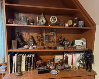 Books, Benjamin Franklin Bookend Banks, Boxes, Carved Shells, Lucite, Elephant Bookends, Kundo Clock, Chinese Gilded Bronze Scholar on Horse Sculpture, Chinese Warrior Sitting
