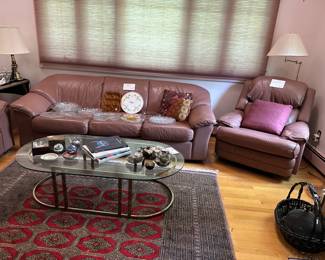 Mid Century Chrome & Glass Coffee Table, Leather Sofa & Recliner