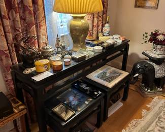 Long Table w/ 2 Stools, Lamp, Boxes