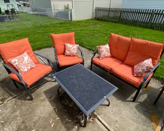 Patio chairs, table and loveseat