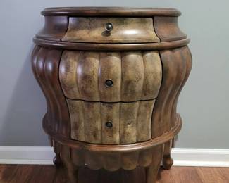 Carved Serpentine Entry table. 3 felt-lined drawers. Excellent condition.