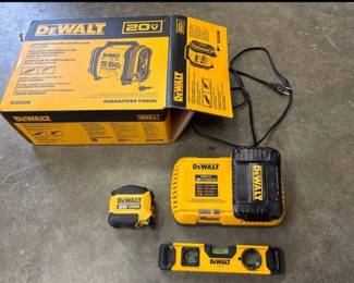 Dewalt Air Compressor, Tape Measure, Level, Battery and Charger.