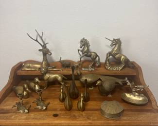 Brass Animals: Deer, Ducks, Coy Fish Candleholders, Swans, Shell, Bird Ring Holder, Quail, Unicorn, Horse, Elephants, and Dog