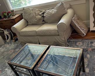 Tan loveseat
Rug
Custom end tables