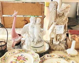 DRESDEN Cake Stand and Platter, Antique Wood Carved.Figure,
