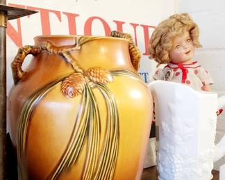 Roseville Pinecone, Milk Glass Pitcher, Vintage Shirley Temple Dolls