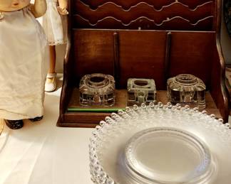 Candlewick Dishes, Antique Desk Ink Well , Vintage Dolls