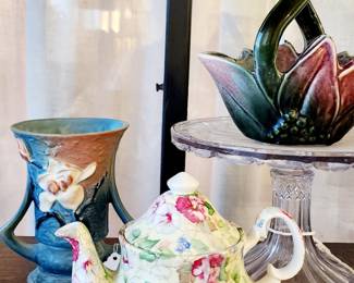 Chintz Teapot, Hull Pottery Basket, Roseville Vase, Victorian Glass Cake Stand