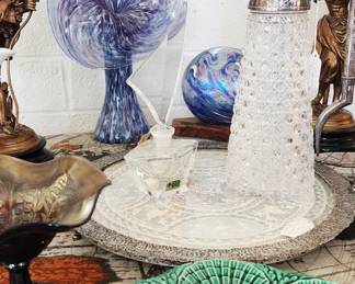 Majolica Oyster Plate, Antique Cut Glass Sterling Silver Pitcher, Art Glass Vase, cut glass perfume bottles