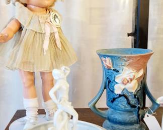 Vintage Shirley Temple Tagged Dress, German Flower Frog, Roseville Vase