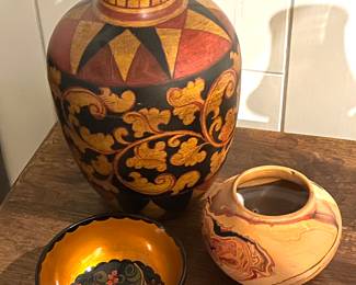 Wood bulb vase and Indian pottery