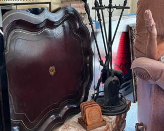 Mainland Smith leather tray and fireplace tools