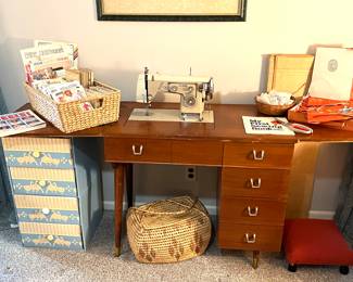 Beautiful Mid Century sewing table with machine and accessories