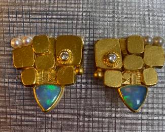 Gold diamond and opal earrings