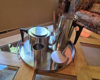 Arne Jacobsen Shelton Stainless stee; Cylinda Coffee/Tea set with tray
