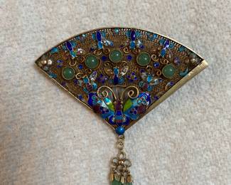 Sterling fan with lapis and jade pin
