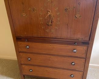 French style inlaid chest with porcelain painted pulls