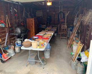 Tools, Grill, Lawnmower, ladders, lawn furniture, Vintage galvanized watering cans, buckets, vintage yard sticks, cedar wardrobe, cast iron etc......