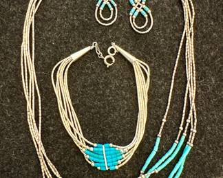 Sterling Silver & Turquoise Necklace, Earrings & Bracelet