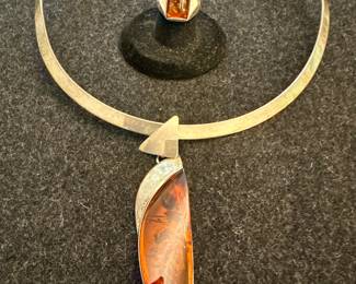 Sterling Silver & Amber Necklace & Ring