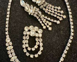 Vintage Rhinestone Necklace, Pin & Earrings