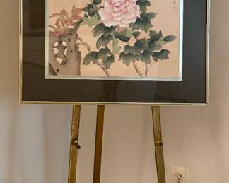 Peony Signed Chinese Painting & Brass Easel