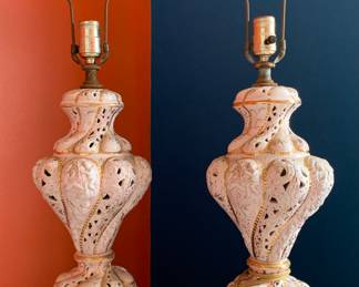 Pair Mid Century pale pink Capodimonte cherub lamps
